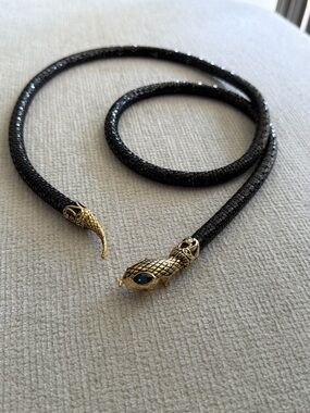 Vintage Dl Auld black snake mesh belt-necklace featuring gold toned snake head